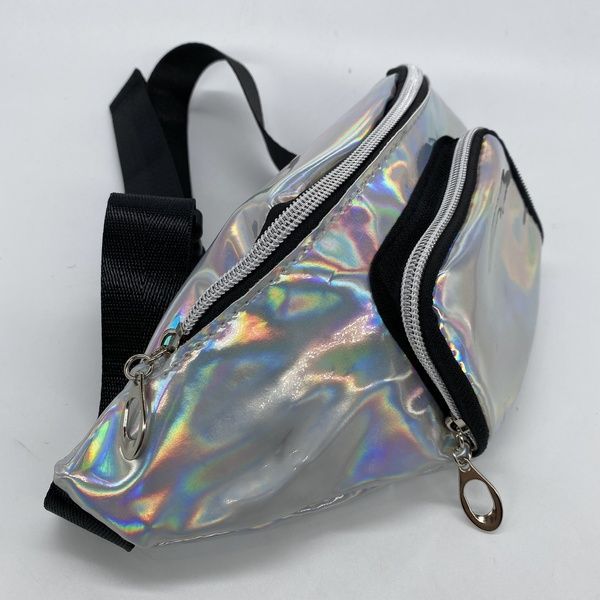 Жіноча дитяча голографічна блискуча бананка на два відділу "БЛЕСК1" поясна сумка срібна 00110-1 фото